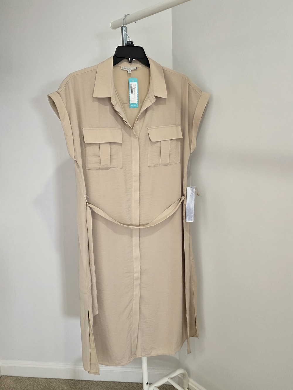 Beige Shirt Midi Dress with Tie Belt